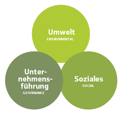 Umwelt, Unternehmensführung und Soziales werden bei der Nachhaltigkeit berücksichtigt.